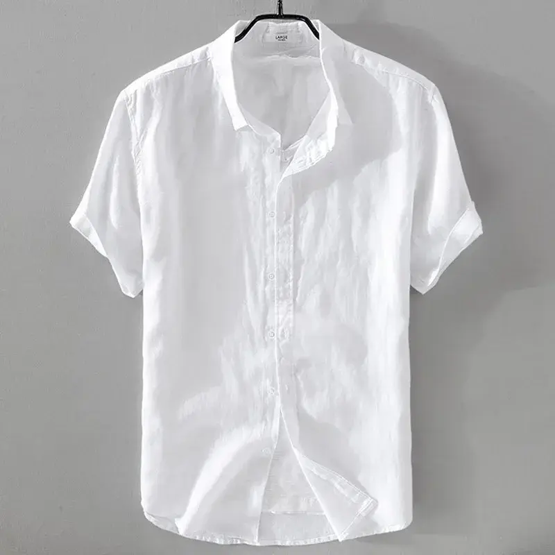 Czysty len koszulka z krótkim rękawkiem dla mężczyzn w stylu Casual, letnia pół rękawa bawełniana tkanina lniana biały kolor męski Top