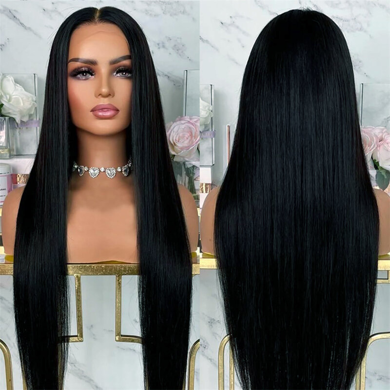 Soft 26 inch 180Density Long Glueless Black Silky Straight Lace Front Wig For Women BabyHair Preplucked Heat Resistant Daily