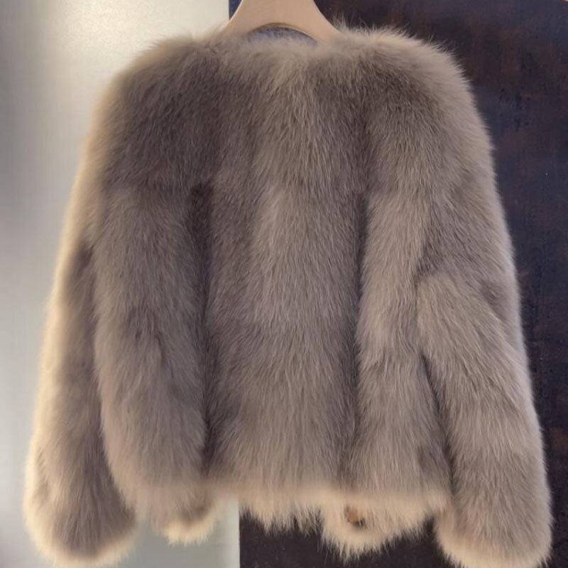 Jaket bulu Formal ramah lingkungan wanita, jaket bulu longgar lengan panjang musim gugur musim dingin 2023