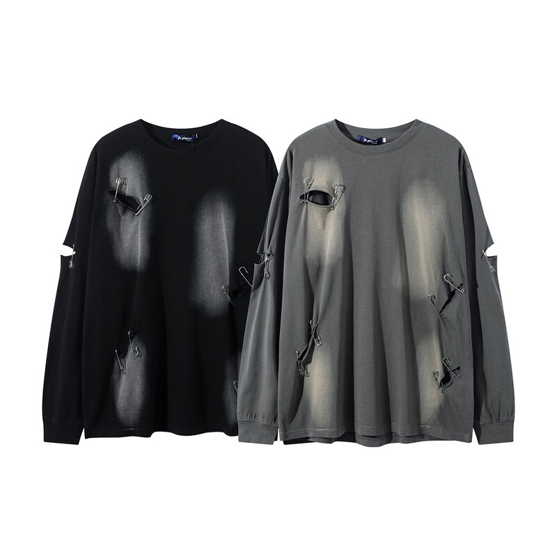 2024 Lente Herfst High Street Hole Solide Pullover Mannen Streetwear Shirt Harajuku Vintage Lange Mouwen Sweatshirt Tops
