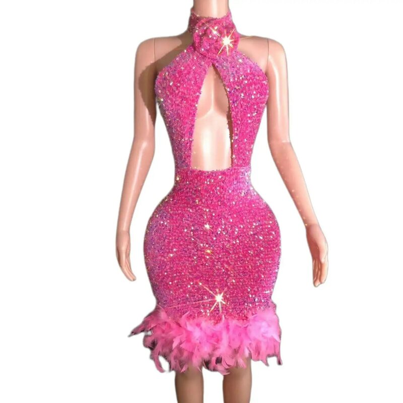 Сексуальные розовые платья с блестками и розовыми перьями, черные короткие мини-платья для выпускного вечера для дня рождения, женское праздничное платье с вырезом Fenqiangwei