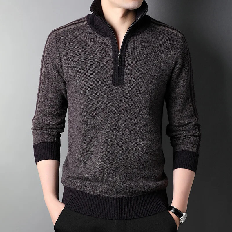 Sweater kasmir pria, kerah berdiri ritsleting musim dingin 100% wol ekstra tebal Pullover longgar kasual rajut