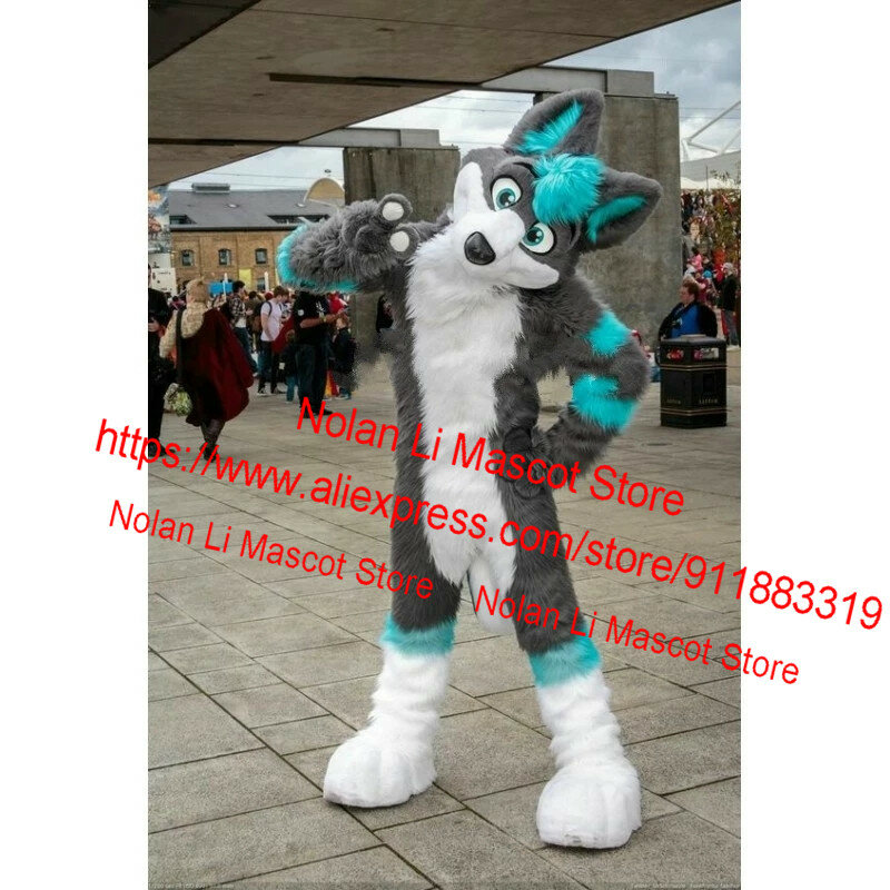 Long Fur Blue Grey Wolf Husky Dog Mascot Costume Adult Cartoon Character Outdoor Advertisement Holiday Banquet Cosplay 1102