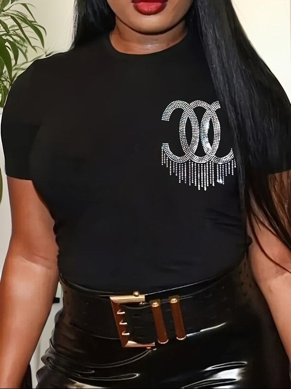 T-Shirt Oversize da donna con strass manica corta girocollo elastico allentato Plus Size Summer Lady elegante maglietta nera 2024