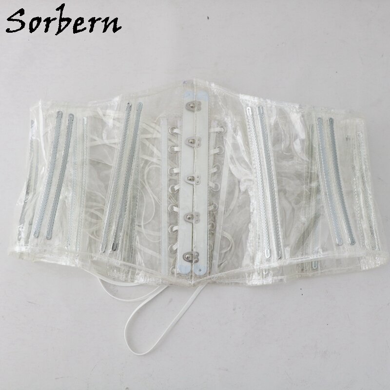 Sorbern Personalizado Transparente PVC Espartilho Arte Desempenho Lace Up Sexy Slim Fit Mulheres Bdsm Crosets Aço Bonings