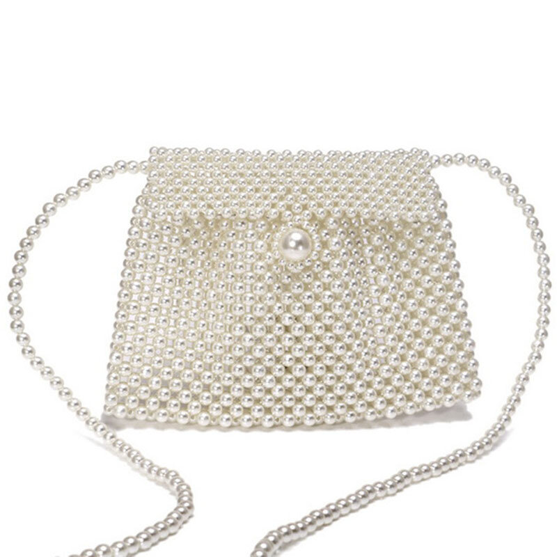 Ladies Handbag Hand-Woven Pearl Bag Ladies Beaded Shoulder Bag Ladies Party Retro Handbag Flip Mini Messenger