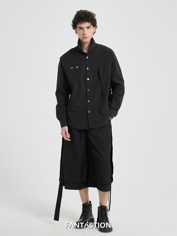FANTASTION-camisas unisex ligeras de lujo, diseño original, tiras atadas con hebilla, camisa oscura suelta para ropa de hombre, camisas negras
