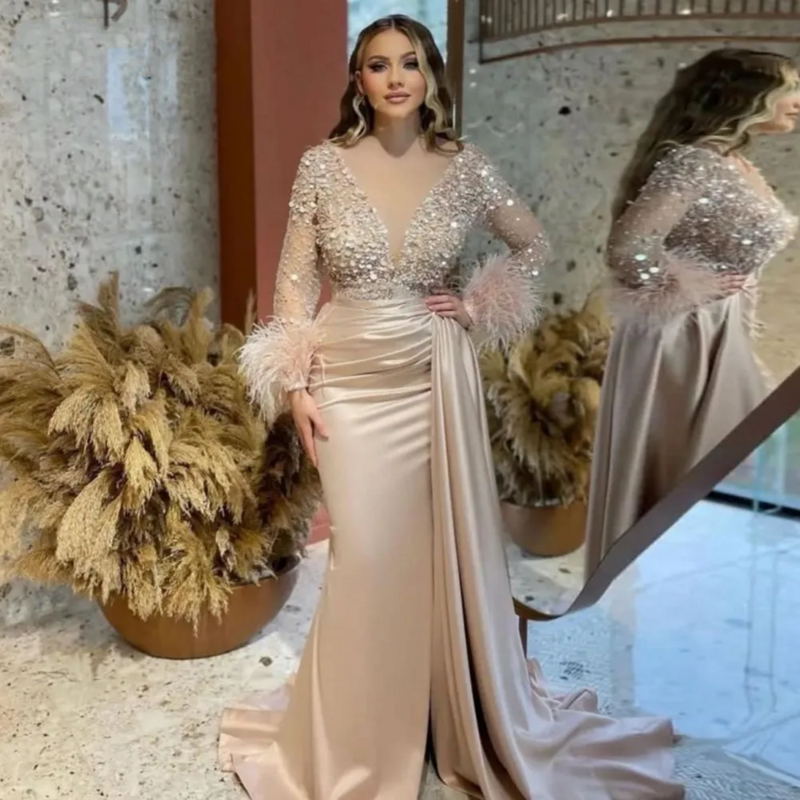 Flavinke Luxury Champagne Prom Dresses Feather Long Sleeves Sparkly Beaded Satin Evening Party Gowns Celebrity abendkleid damen