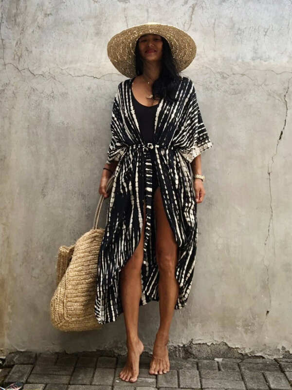 Strand Abdeckung Ups für Bademode Frauen Schwarz Tie Dye Kimono Badeanzug Cape Sommer Kleid 2022 Beachwear Outfits Verkäufe