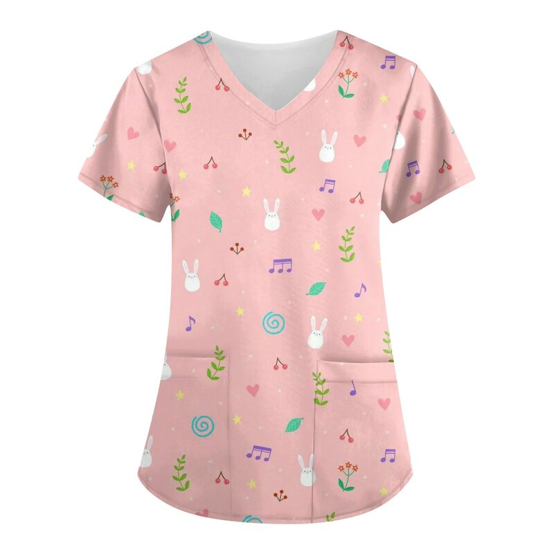 Easter Print Scrubs Top Women Pockets V-Neck Scrub Uniforms Grooming Nurse Spa Caring Shirt Uniformes De EnfermeríA Para Mujer