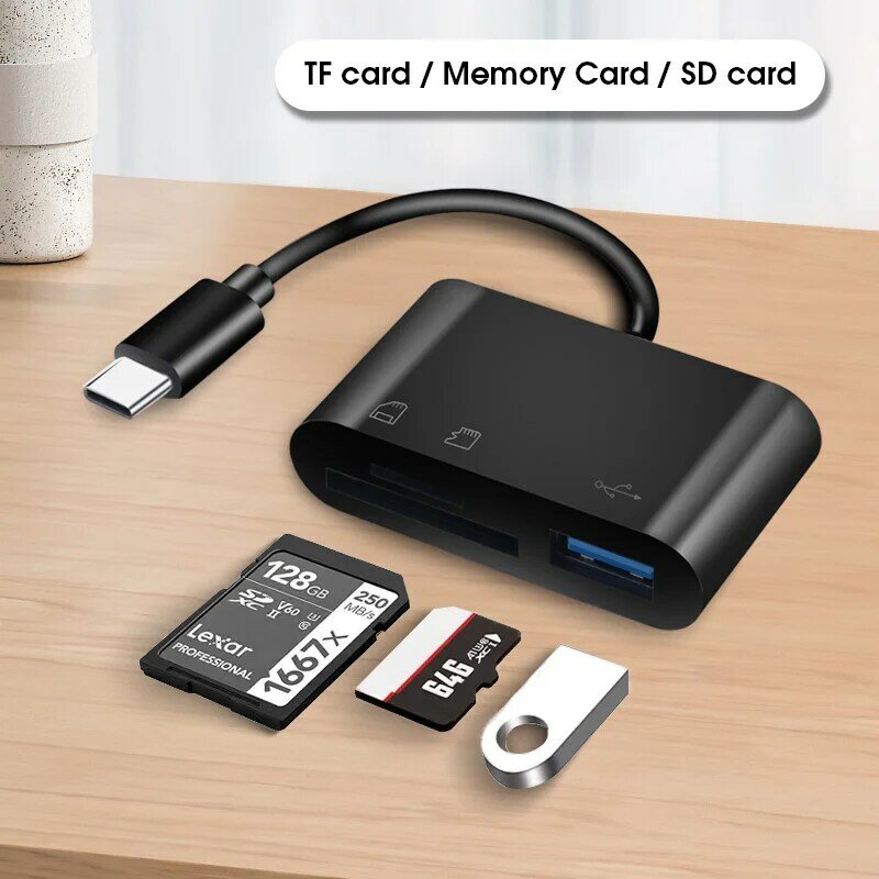 Adaptor mikro tipe-c, 3in 1 tipe-c adaptor mikro TF CF SD pembaca kartu memori USB-C untuk Macbook Huawei Samsung Xiaomi OTG penulis Compact Flash