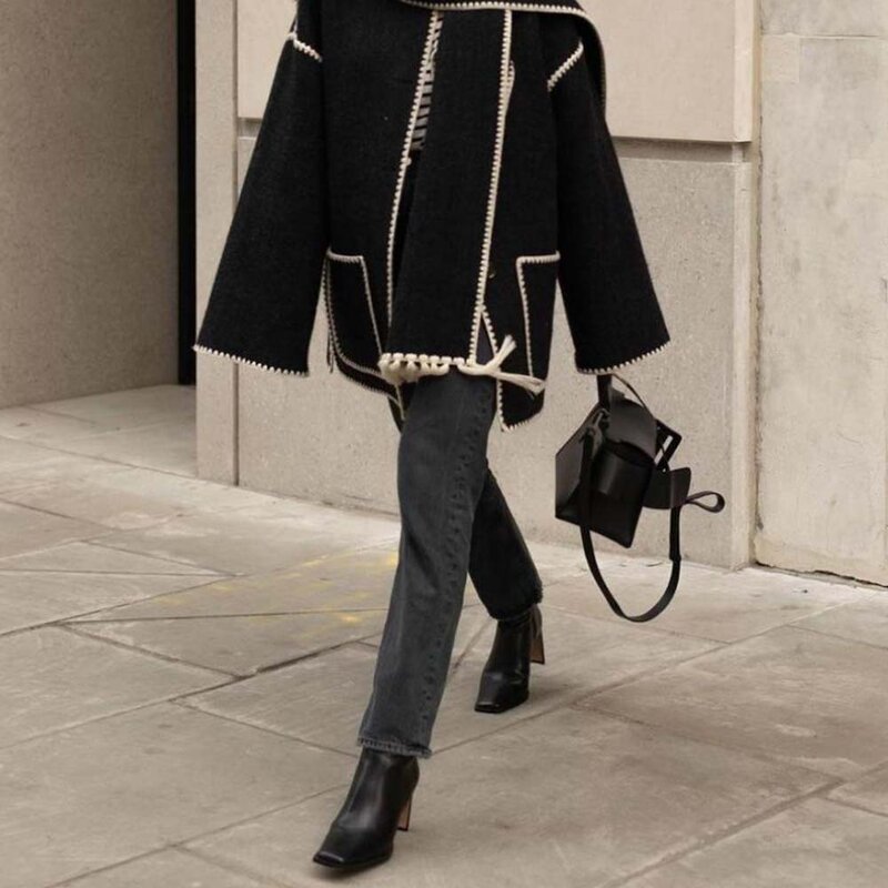 Abrigo holgado elegante con bufanda para mujer, chaqueta de manga larga con bolsillo y botonadura única, a la moda, primavera y otoño, 2024