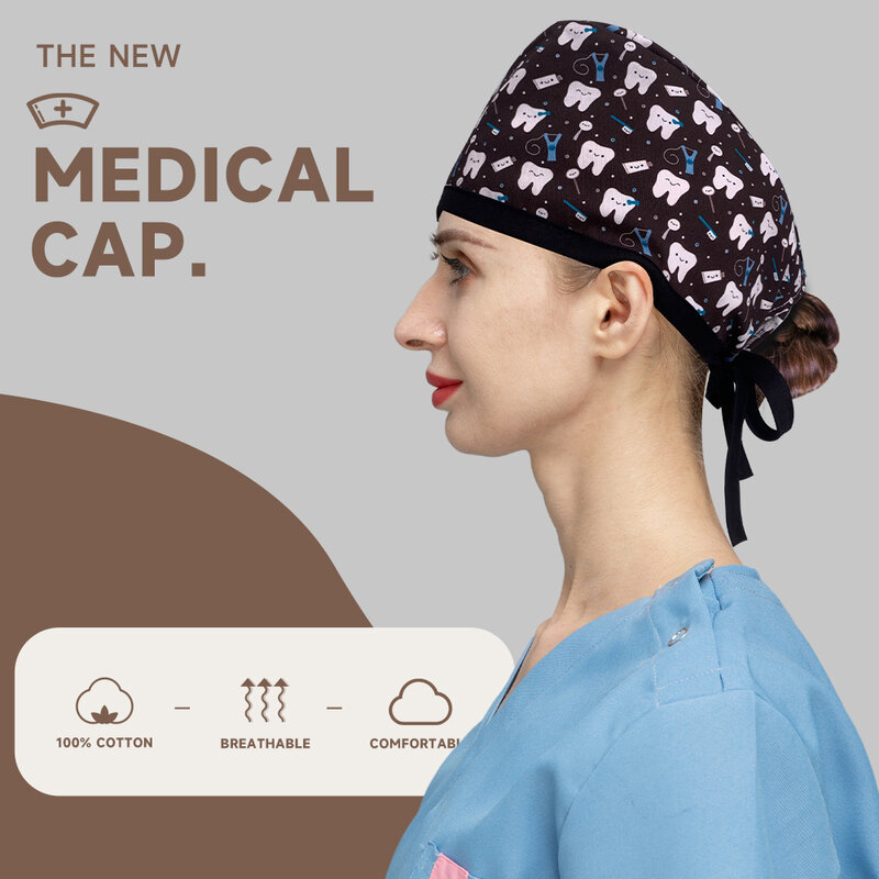 100% bawełna Scrubs Cap Cartoon drukowanie medyczne czapki kobiety i mężczyźni kapelusze opieki regulowany kosmetyczka sklep zoologiczny Lab Spa peeling kapelusz
