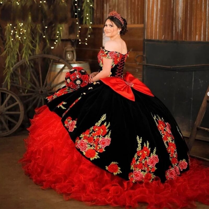 Vestidos de Quinceañera de princesa roja, vestido de baile, escote Corazón, Organza, volantes, apliques, dulce 16, 15 Años, mexicano