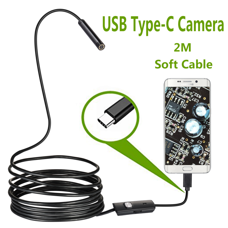 Câmera Endoscópio USB Tipo-C Ajustável, Escopo Snake Flexível, Boroscópio com 6LEDs, PC Android, 2m, 7,0mm