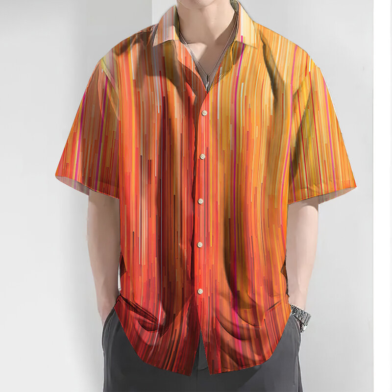 Camisa masculina estampada em gradiente, camisa casual de verão, tamanho grande, botão de lapela solto moda, roupas de performance, nova
