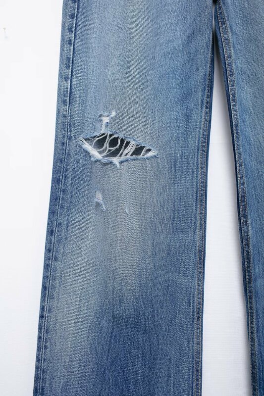 جينز نسائي عالي الخصر بأرجل واسعة مع جيوب جانبية ، سراويل جينز غير رسمية ، كلاسيكي ، زخرفة بفتحات مكسورة ، موضة جديدة