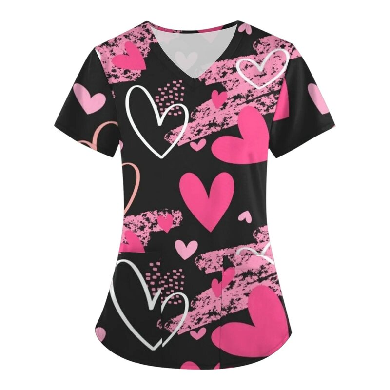 Camisetas del Día de San Valentín para mujer, uniforme de enfermera con cuello en V, Top de pareja con bolsillo para mujer, Tops de Hospital de verano, camisetas exfoliantes 2023