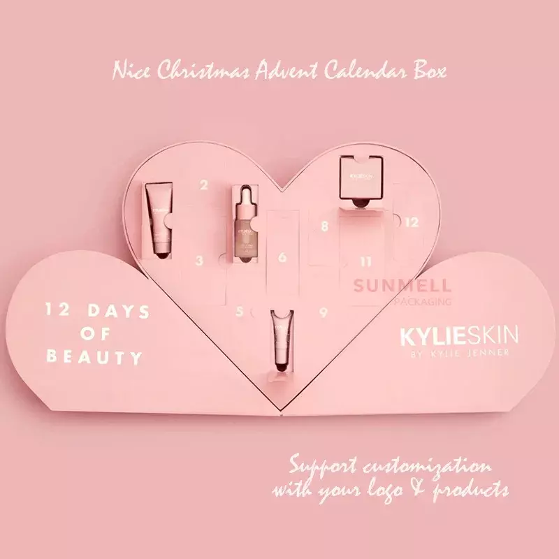 Spersonalizowany produkt na zamówienie 12 dni różowy pusta pielęgnacja skóry w kształcie serca makijaż piękno ramadan kalendarz adwentowy pudełko upominkowe