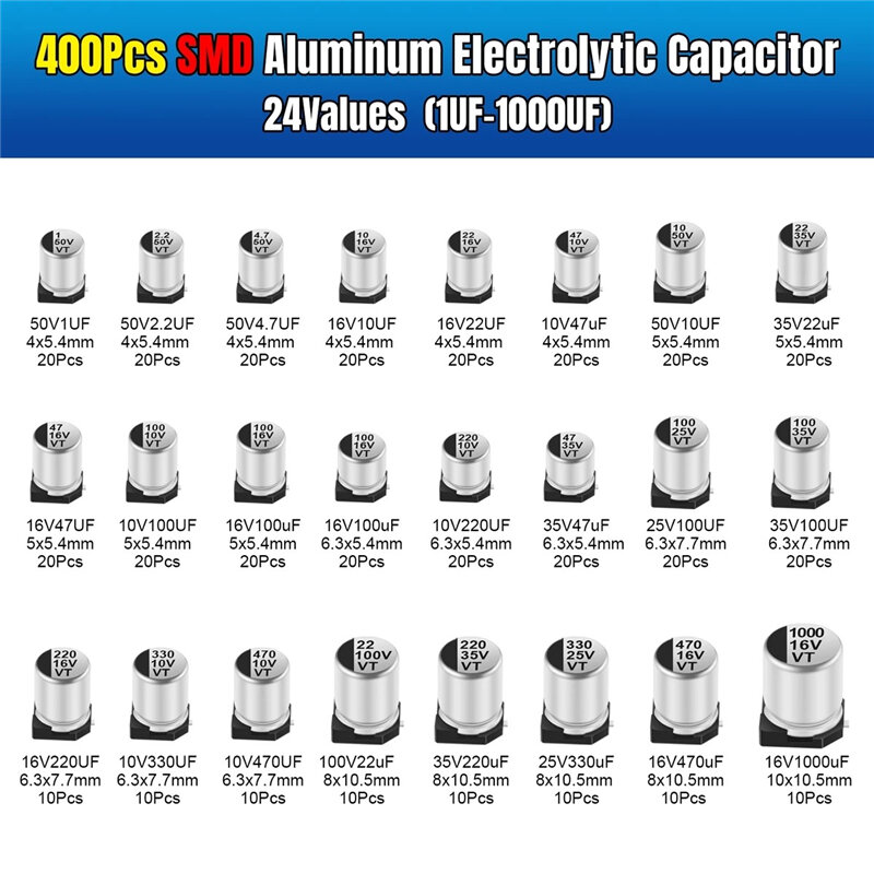 SMD alumínio eletrolítico capacitor caixa kit, 400 peças em 24 especificações, 1uF - 1000uF