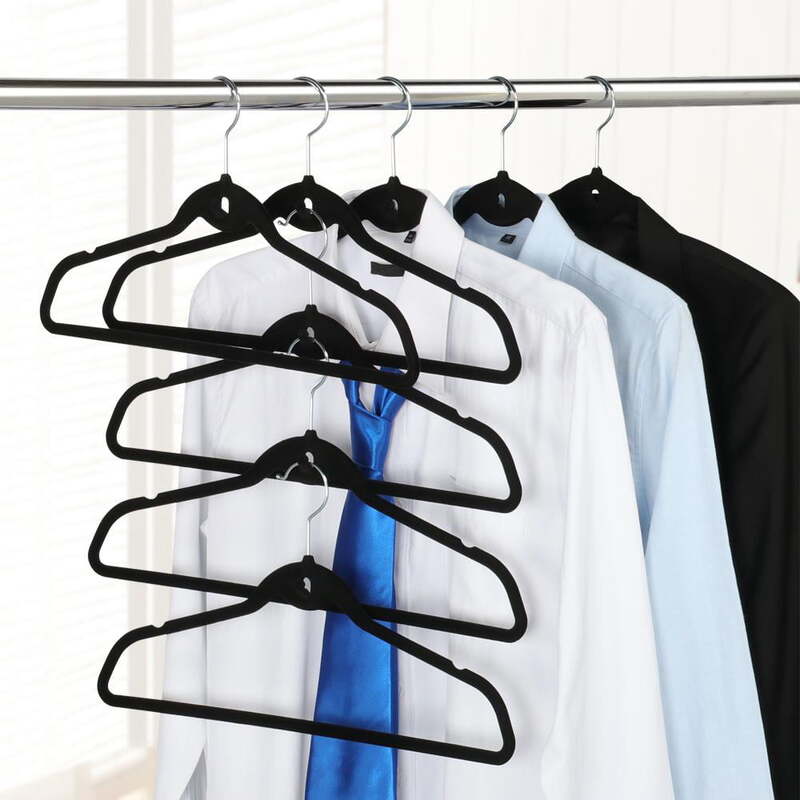 Perchas de terciopelo antideslizantes para ropa, paquete de 100, color negro