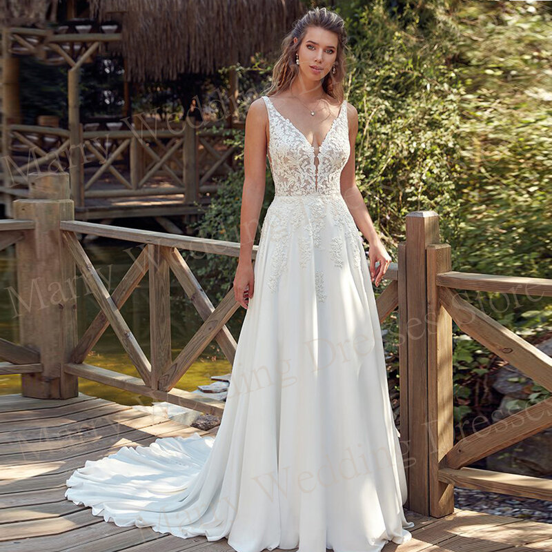Gaun pernikahan modis elegan kerah v gaun pengantin tanpa lengan renda applique A Line Modern gaun pengantin dengan kancing pesta Formal