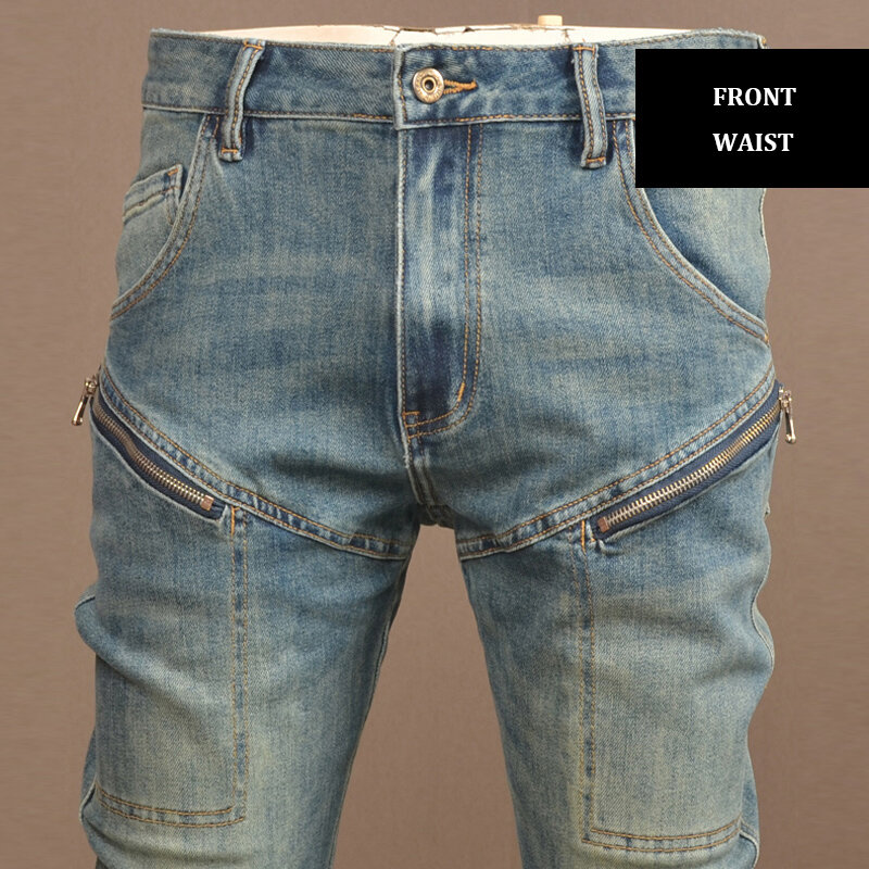 Pantalones vaqueros Retro lavados para hombre, Jeans elásticos ajustados con cremallera, estilo Hip Hop, moda urbana