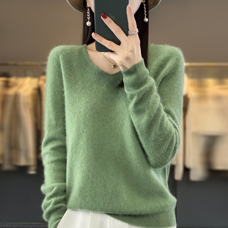 2023 Cashmere Sweater Women's Knitting Sweater 100% Pure Merino Wool Winter Fashion Basic V-neck Chic Top Autumn Warm Pullover