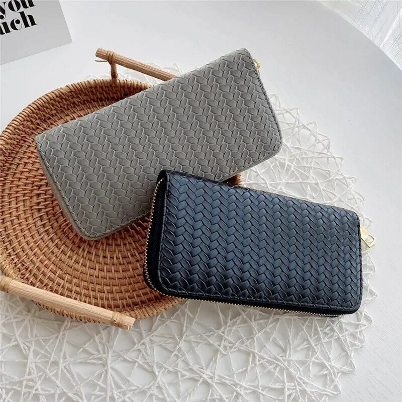 Senhoras designer de couro do plutônio tecido carteira feminina moda zíper longo cor sólida moeda cartão quadrado bolsa bolsas telefone