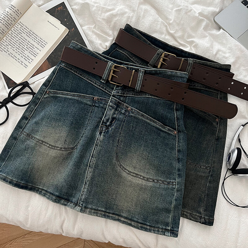 Jeans Skirts Retro and fashion all-matching double pocket high waist slimming Denim Skort skirt hip with belt for women Faldas C