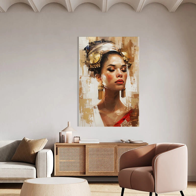Lukisan kanvas karakter wanita, dekorasi rumah ruang tamu estetika Nordic Poster seni dinding lukisan kanvas emas Retro