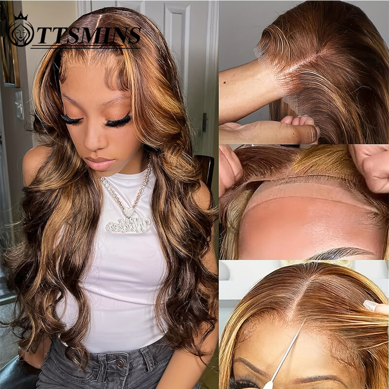 Highlight 5x5 HD Lace Closure Wig Wear And Go Glueless Wigs Human Hair Pre Plucked Pre Cut Lace 4/27Ombre Honey Blonde Body Wave
