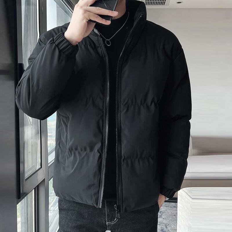 Winter Cotton Coat Thick Plush Padded Solid Color Long Sleeve Windproof Heat Retention Neck Protection Smooth Men Down Jacket