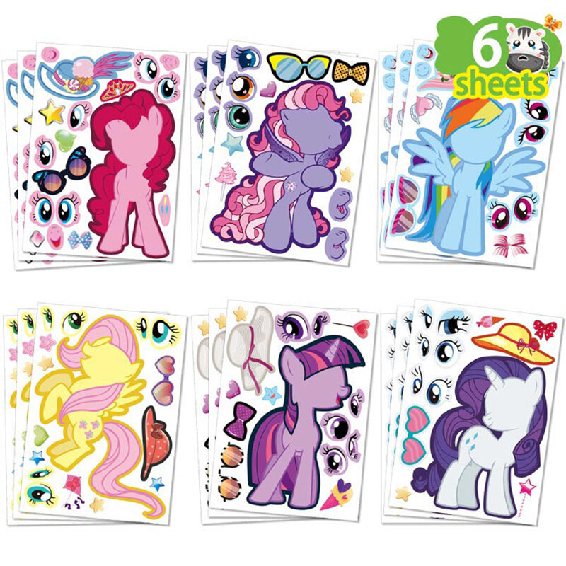 6/12 Lembar DIY Stiker Puzzle Pony Membuat Wajah Lucu Unicorn Kartun Anak-anak Permainan Kreatif Merakit Mainan Jigsaw untuk Anak-anak Perempuan