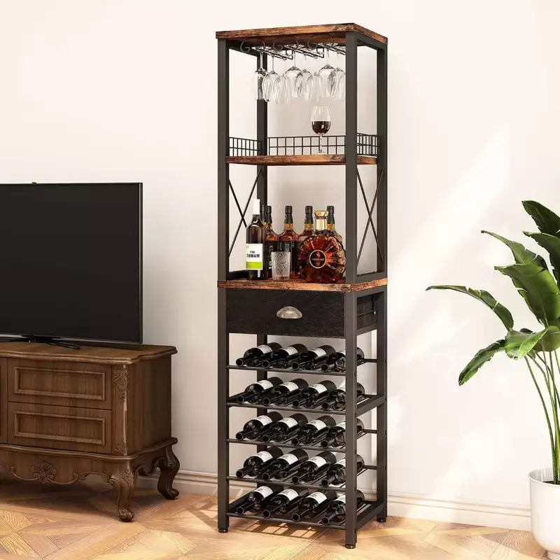 Homeiju rak anggur berdiri bebas lantai, Kabinet Bar untuk minuman keras dan kacamata, lemari bar 4 tingkat dengan meja, pemegang kaca