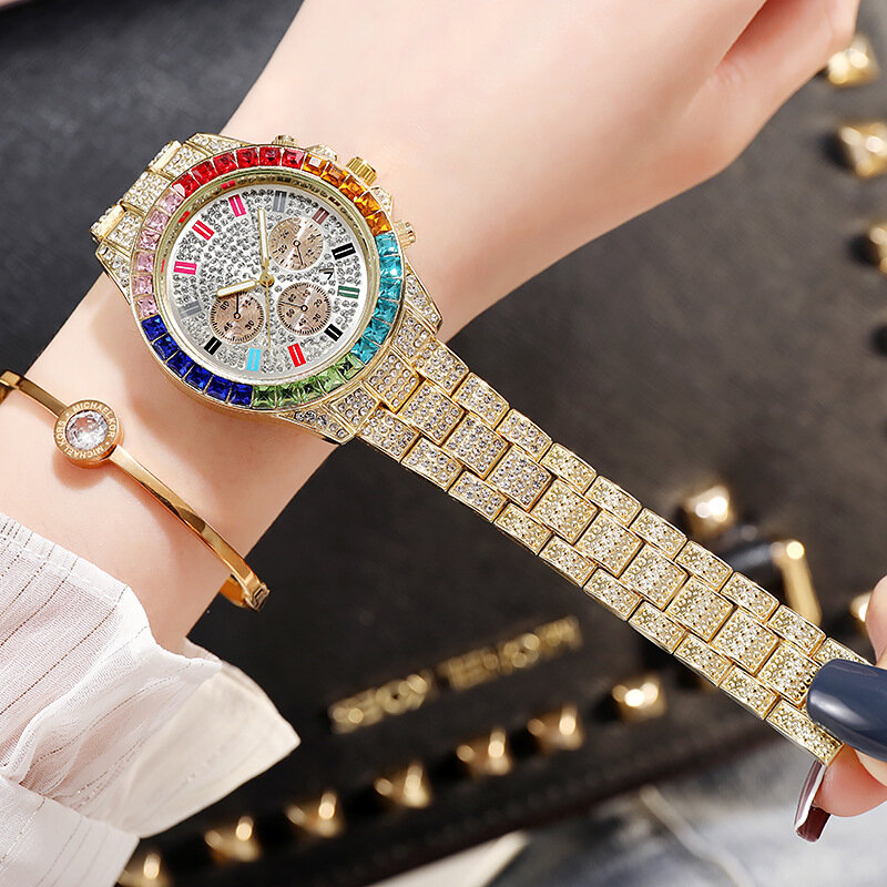 Zegarek dla kobiet mężczyzn pełna Iced Out złoty zegarek na rękę ze strasów para zegary Hip Hop raper zegarek gorąca sprzedaż Reloj Mujer Relogio