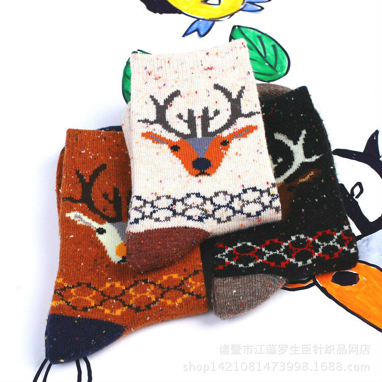 Winter Socks, Cat and Fox Cartoon Animal Color Dots, Medium Tube Women's Looped Warm Socks, Yarn Rabbit Wool Women's Socks