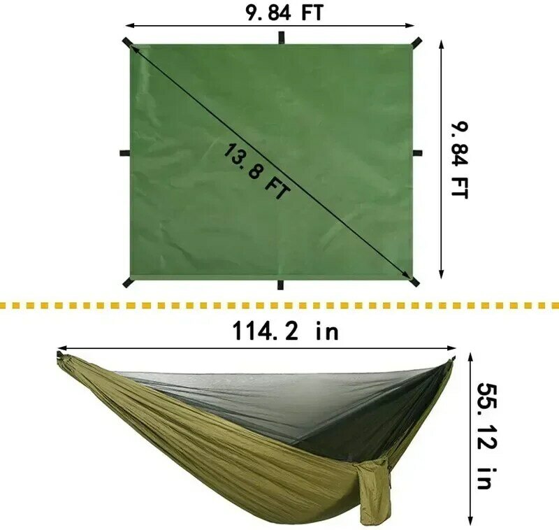 Hamaca de acampada con red de insectos y lona Rainfly, portátil, impermeable y con protección UV, para interior y exterior, 118x118in