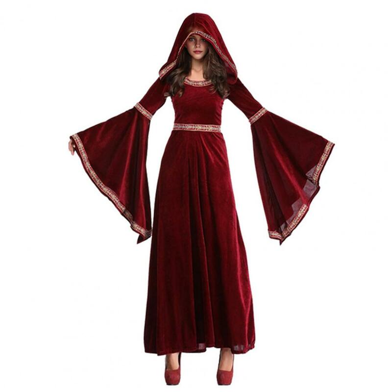 Velvet Maxi Dress Victorian-inspired Vintage Women's Halloween Cosplay Maxi Dress with Bell Sleeves Contrasting for Medieval