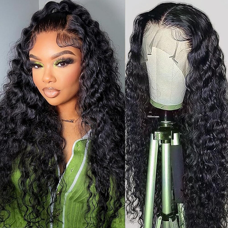 Deep Wave Lace Front Wig Remy Human Hair Wig For Black Women 180% Density HD Transparent Lace Closure Natural Black Wig