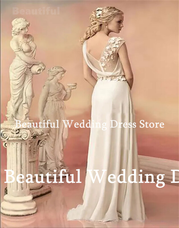 New 2024 Wedding Dress For Women O-Neck Sleeveless Flowers Appliques A-Line Chiffon Floor-Length Vestidos de novia Bridal Gown