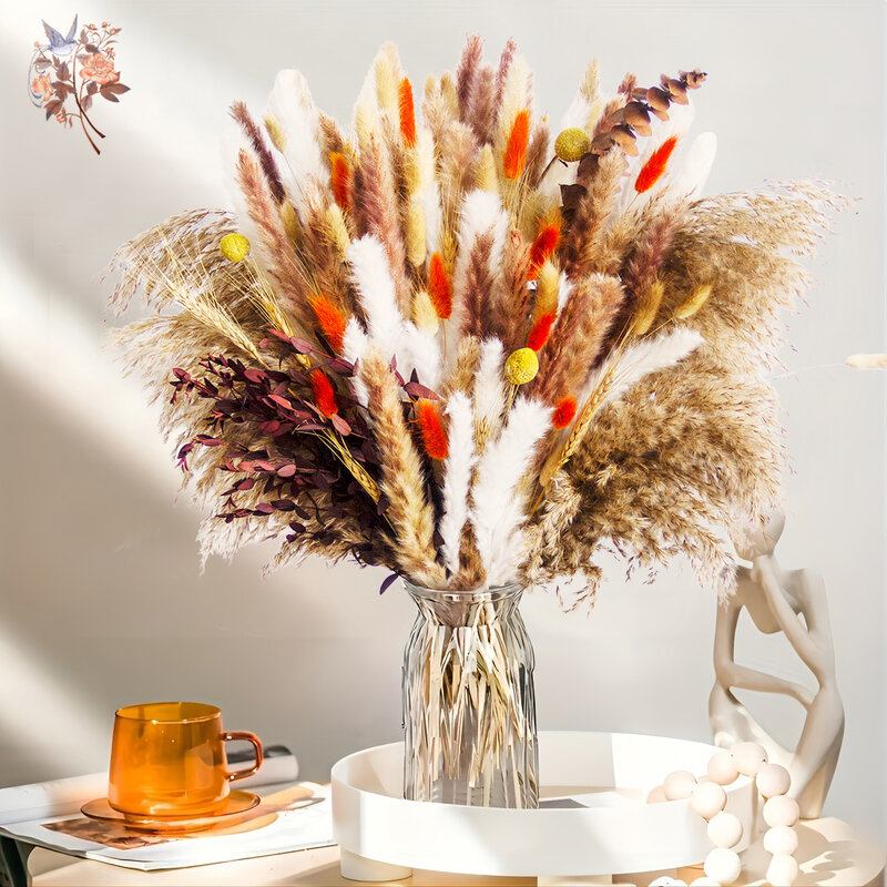 フィジカルバニーテール草乾燥した花,結婚式用のアイゼンの花束,ダイニングテーブルの装飾,ユーカリの葉