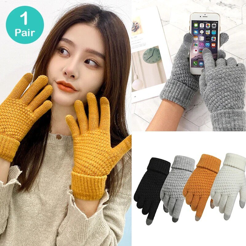 1Pair Winter Touch Screen Gloves Women Men Warm Stretch Knit Mittens Full Finger Thermal Glove Windproof Coldproof Cycling Glove