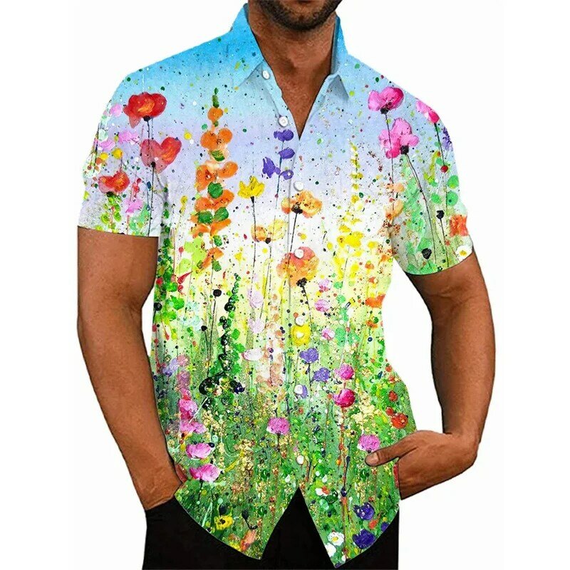 Baju motif bunga 3D Harajuku baru musim panas kaus pendek grafis bunga warna-warni untuk pria blus pakaian jalanan mode
