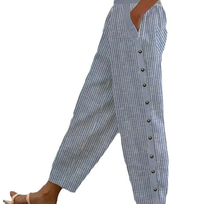 Calças listradas com botão para as mulheres, cintura elástica, casual, com bolso, listrado, moda, novo, verão