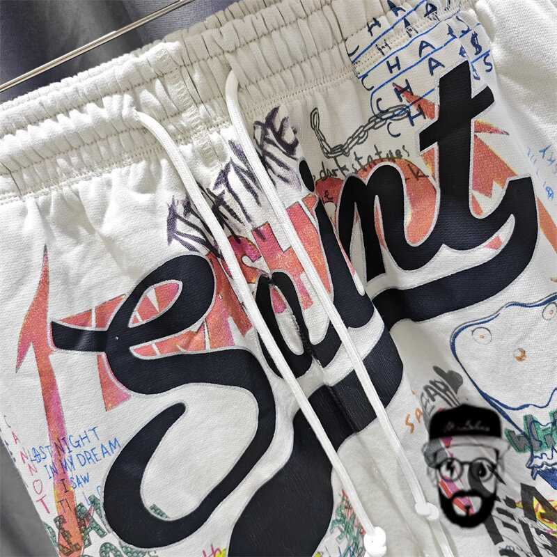 Pantalones cortos de algodón puro con estampado de graffiti de dibujos animados para hombre, pantalones cortos deportivos informales sueltos de verano, envío gratis