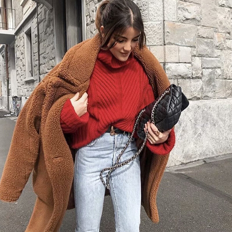 2022 zima zagęścić ciepłe Faux futro pluszowy płaszcz kobiety moda Basic z owczej wełny obszerna kurtka płaszcze ulicy puszyste długi płaszcz