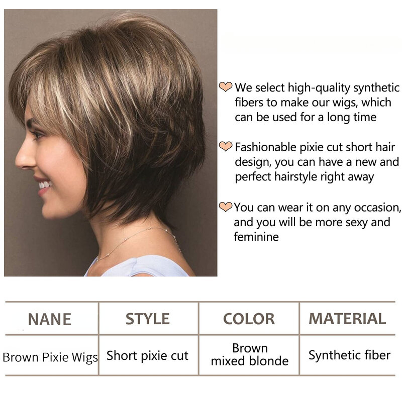 Perucas curtas marrons Pixie para mulheres brancas, cabelo humano com franja, loiro misto, fibra sintética reta, perucas em camadas, fibra sintética