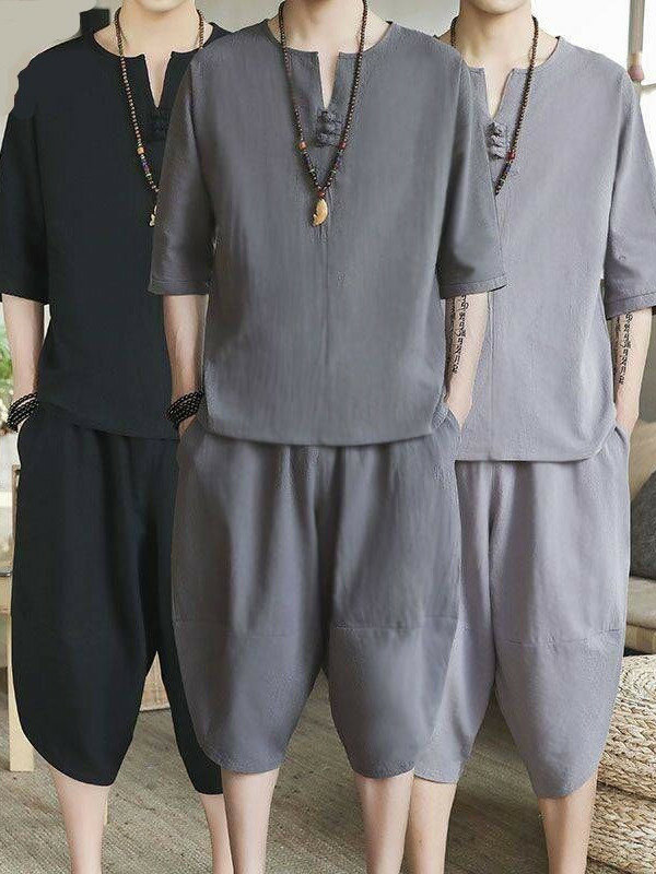 2ชิ้นชุดเสื้อผ้าชายจีนโบราณย้อนยุคชุดผ้าลินินเสื้อยืดครึ่งแขนคอวีสีทึบชุดจีนกังฟูตะวันออก