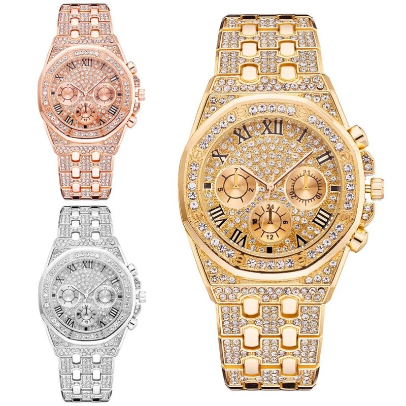 Relógio de quartzo de diamante de três olhos luxuoso masculino, padrão romano, multifunções, aço inoxidável, moda casual